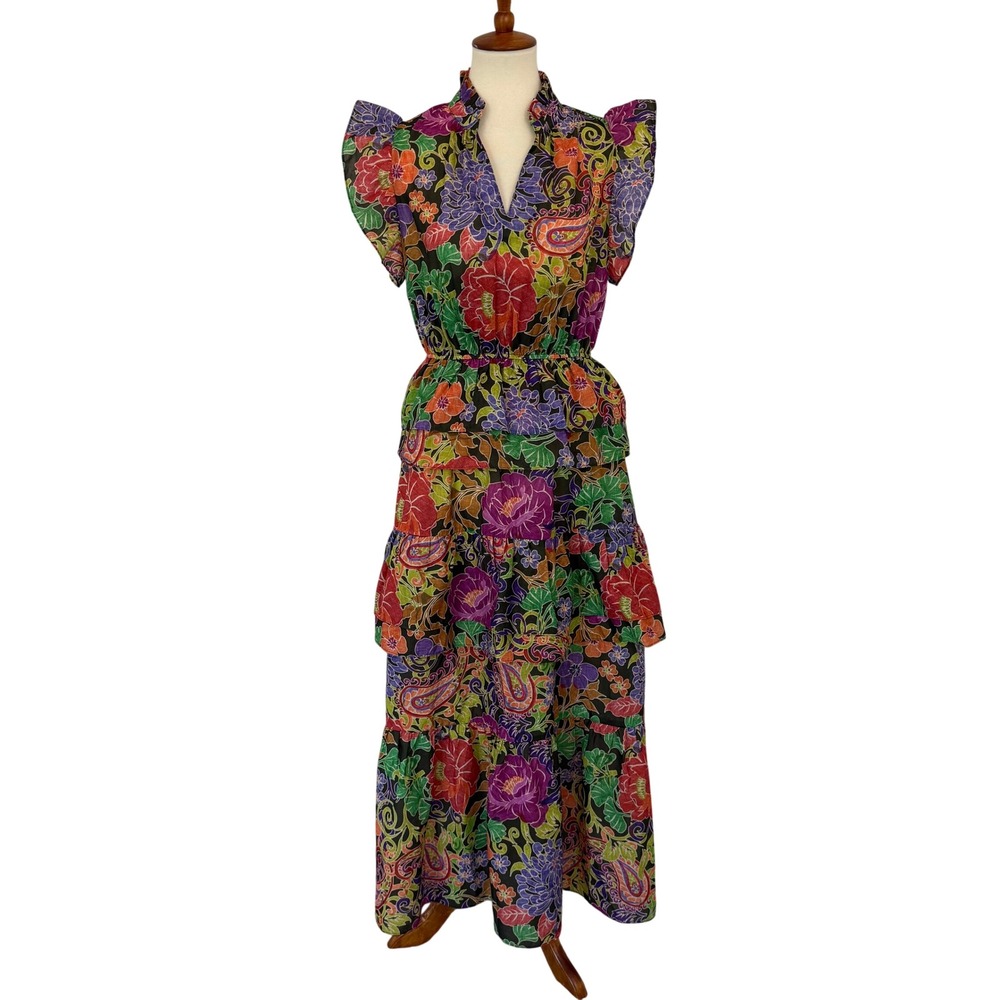 THML Floral Tiered Maxi Dress Sz‎ Medium Ruffle Cap Sleeve Garden Party